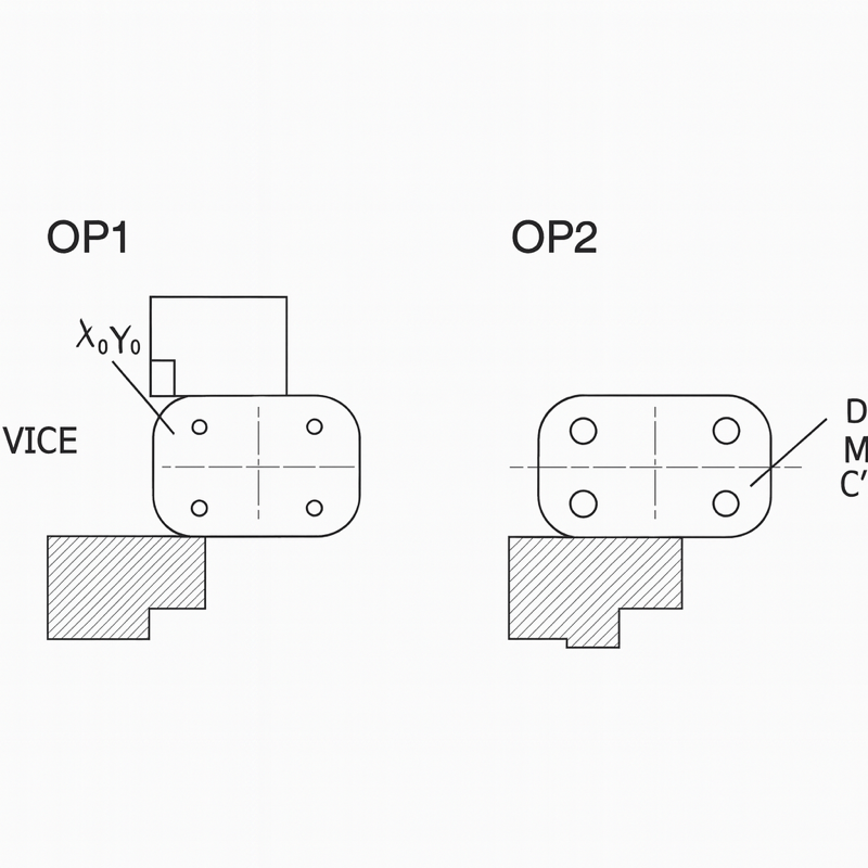 Oval slot part — OP1 & OP2 with counterbores — CAD rendering