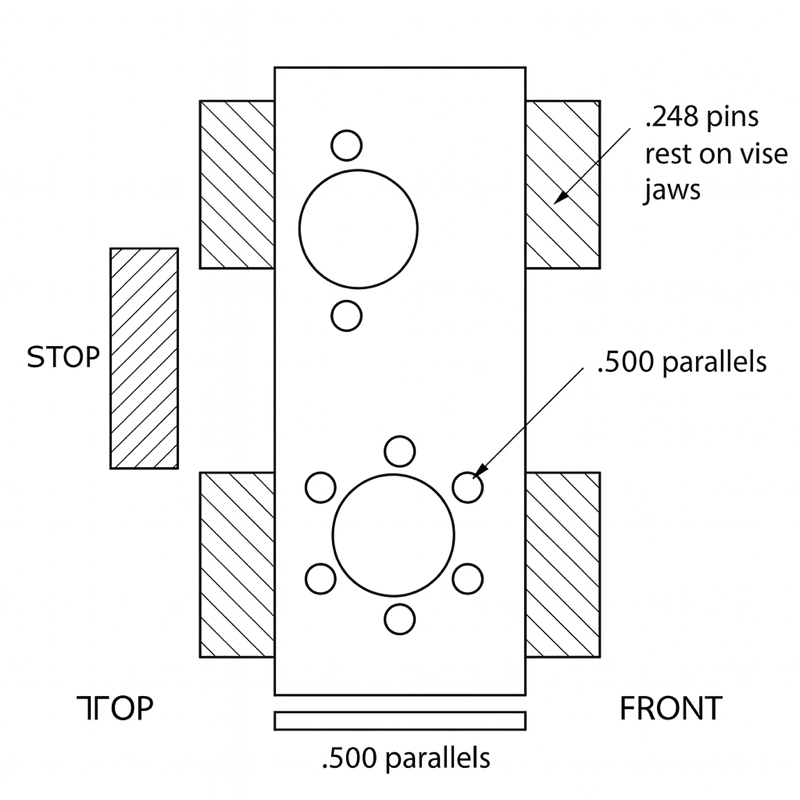Cylindrical part — pins on jaws, top & front view — CAD rendering