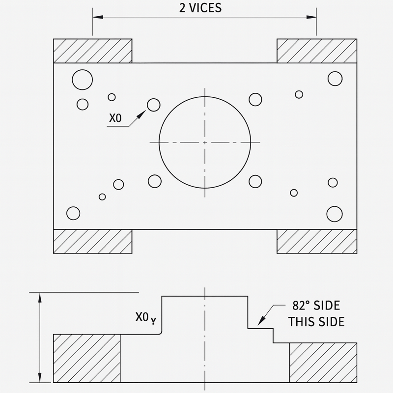 Two-vise setup — 82° side, X0Y0 callout — CAD rendering