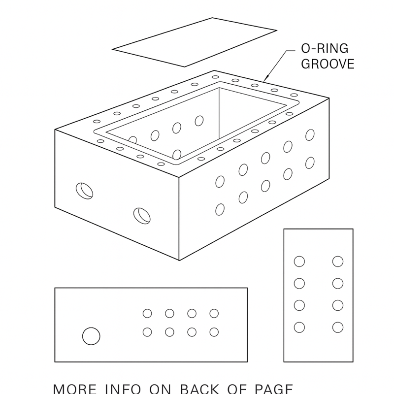 Manifold / box — O-ring groove and hole pattern — CAD rendering