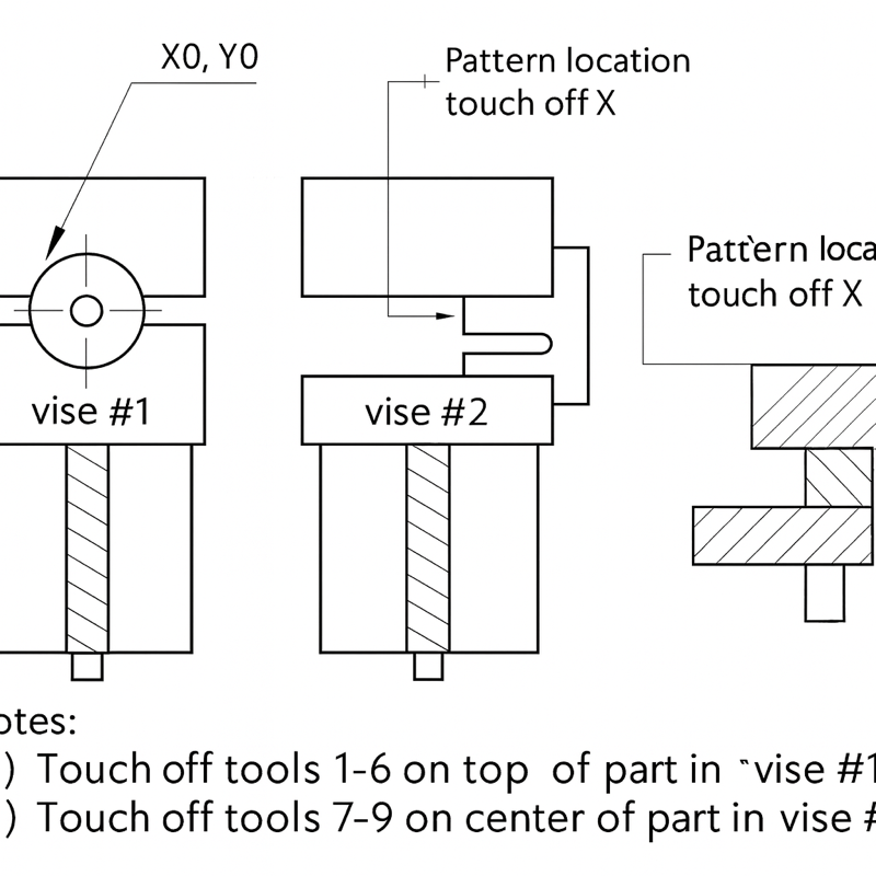 Two vises — vise #1 part zero, vise #2 pattern location — CAD rendering