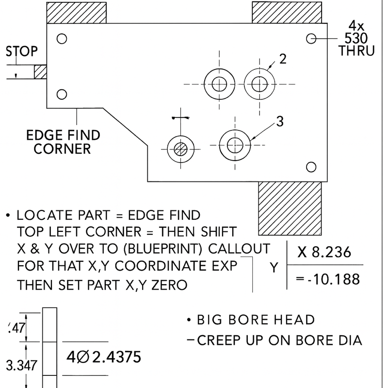 Edge-find part zero — big bore head, three bores — CAD rendering