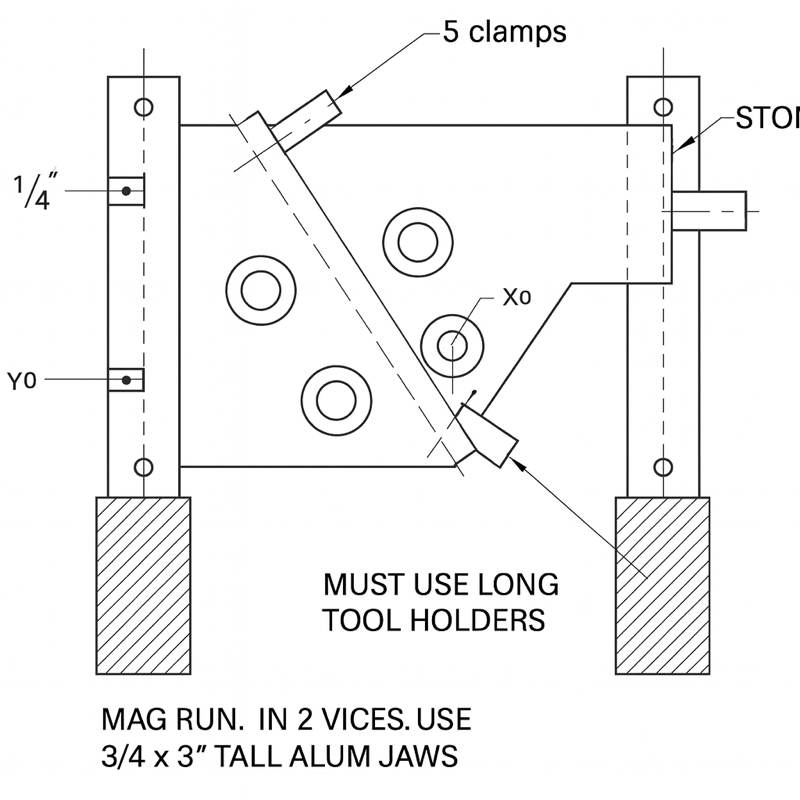 Magnesium part in 2 vises — long tool holders required — CAD rendering