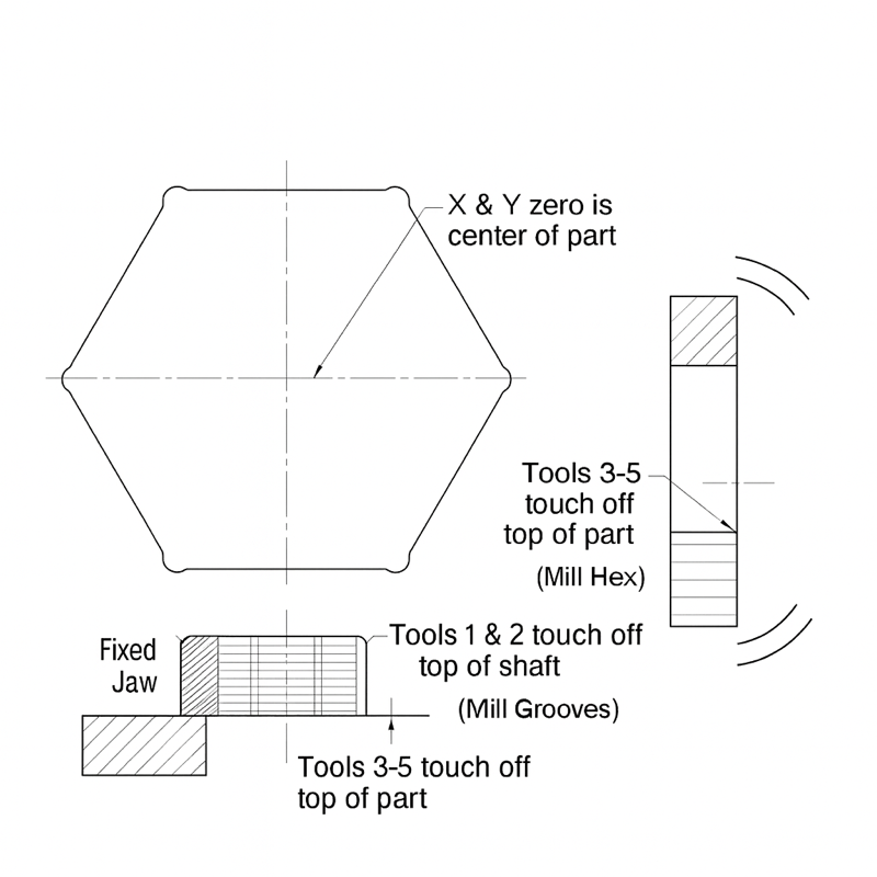 Hex part — mill grooves & hex (duplicate setup) — CAD rendering