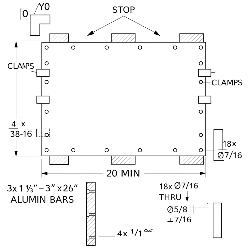 Large plate fixture — 18 holes, clamps, 20 min run — CAD rendering